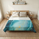 Teal Marble Cotton Comforter – Ocean Blue Abstract Bedding with Gold Veins