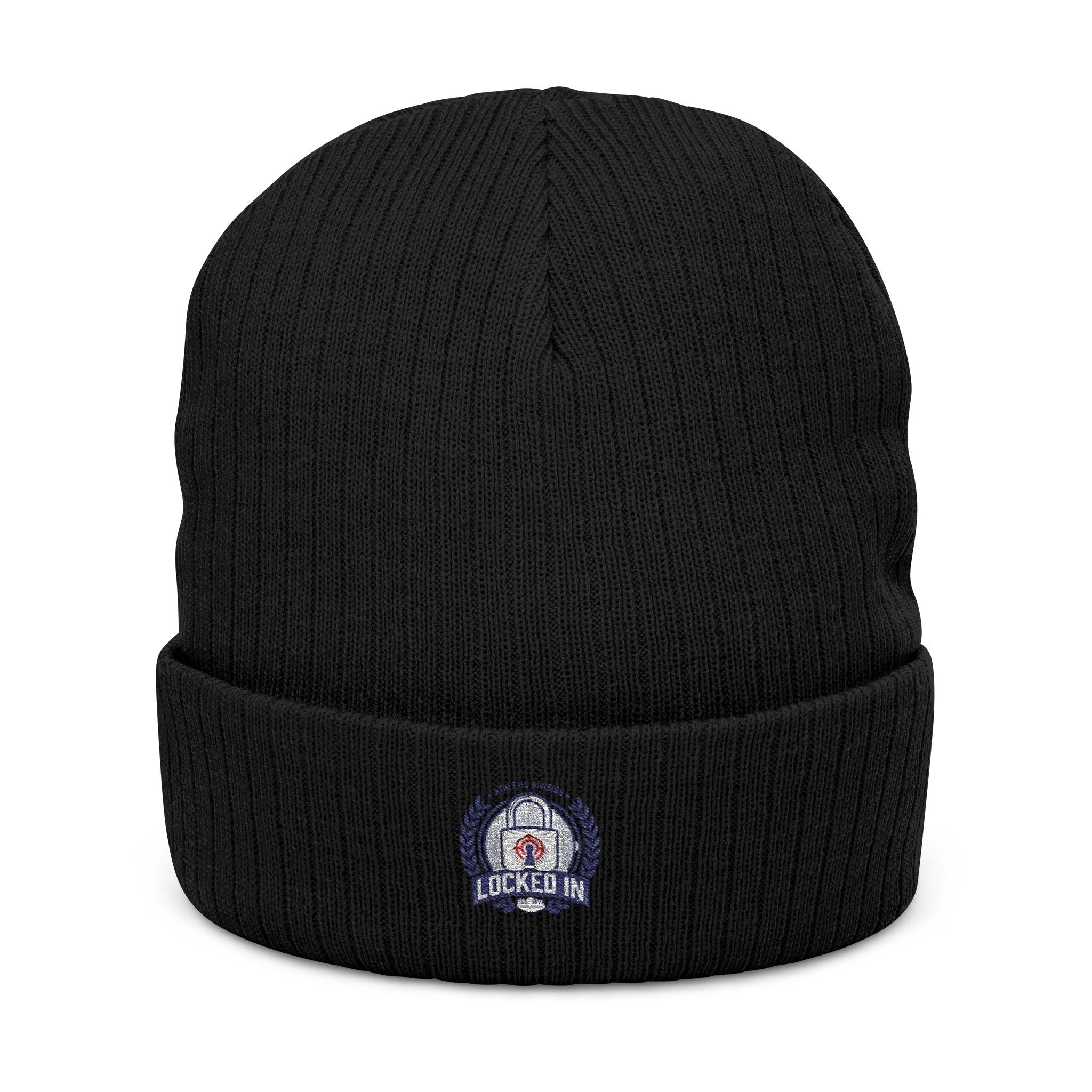 Embroidered Ribbed Beanie with 'Locked In' Logo – Warm Winter Knit Cap