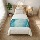 Teal Marble Cotton Comforter – Ocean Blue Abstract Bedding with Gold Veins