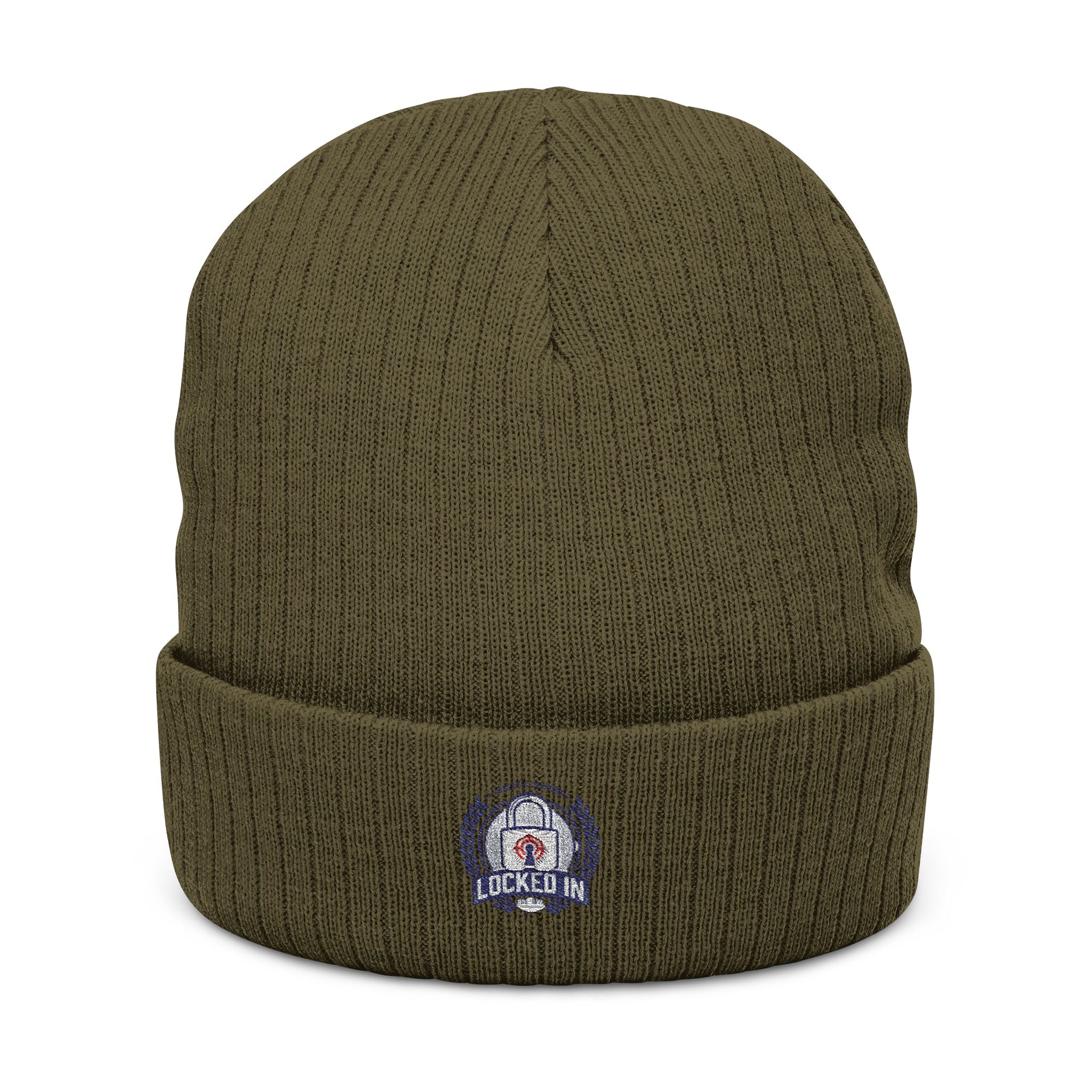 Embroidered Ribbed Beanie with 'Locked In' Logo – Warm Winter Knit Cap