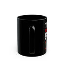 Black mug with a logo on a white background