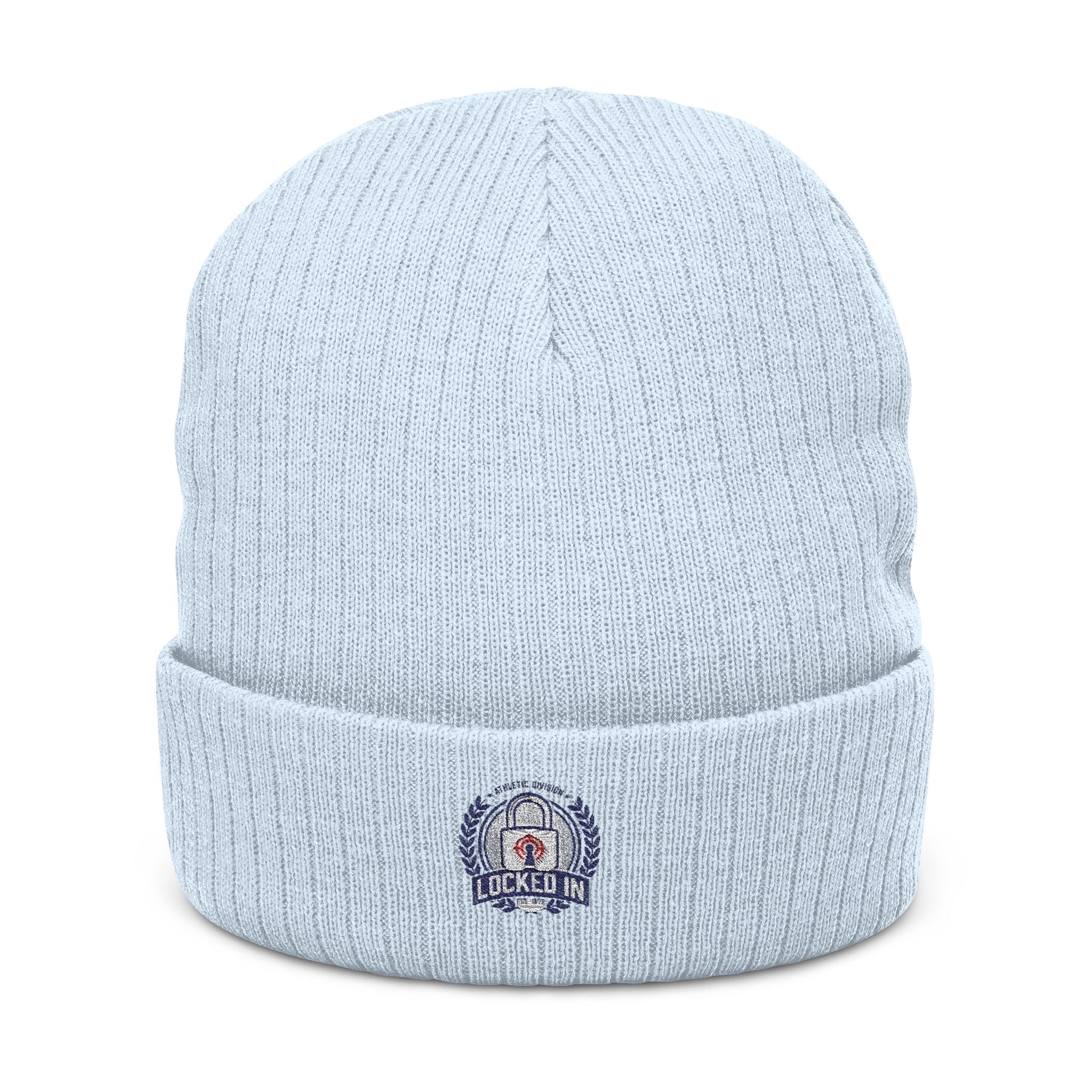 Embroidered Ribbed Beanie with 'Locked In' Logo – Warm Winter Knit Cap