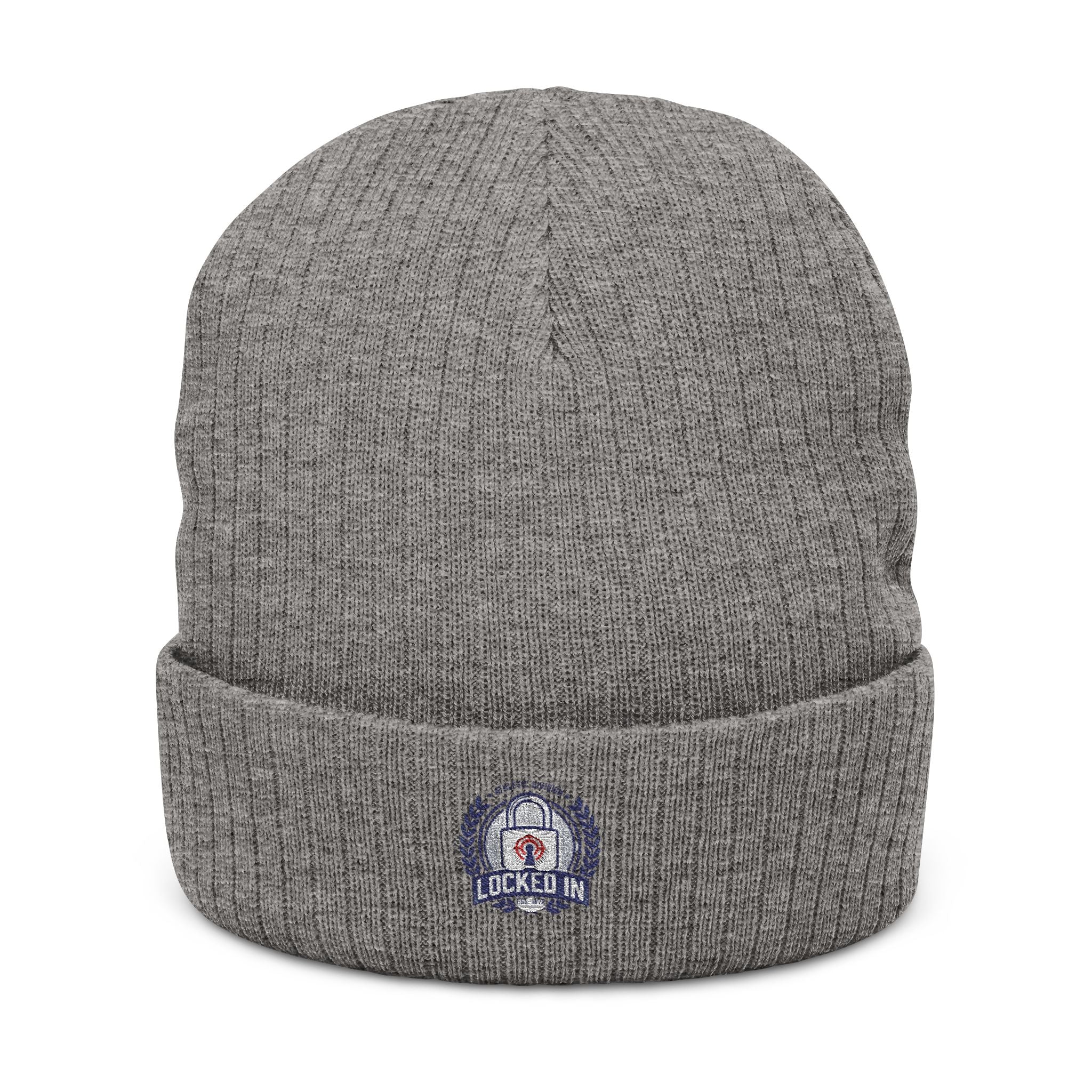Embroidered Ribbed Beanie with 'Locked In' Logo – Warm Winter Knit Cap
