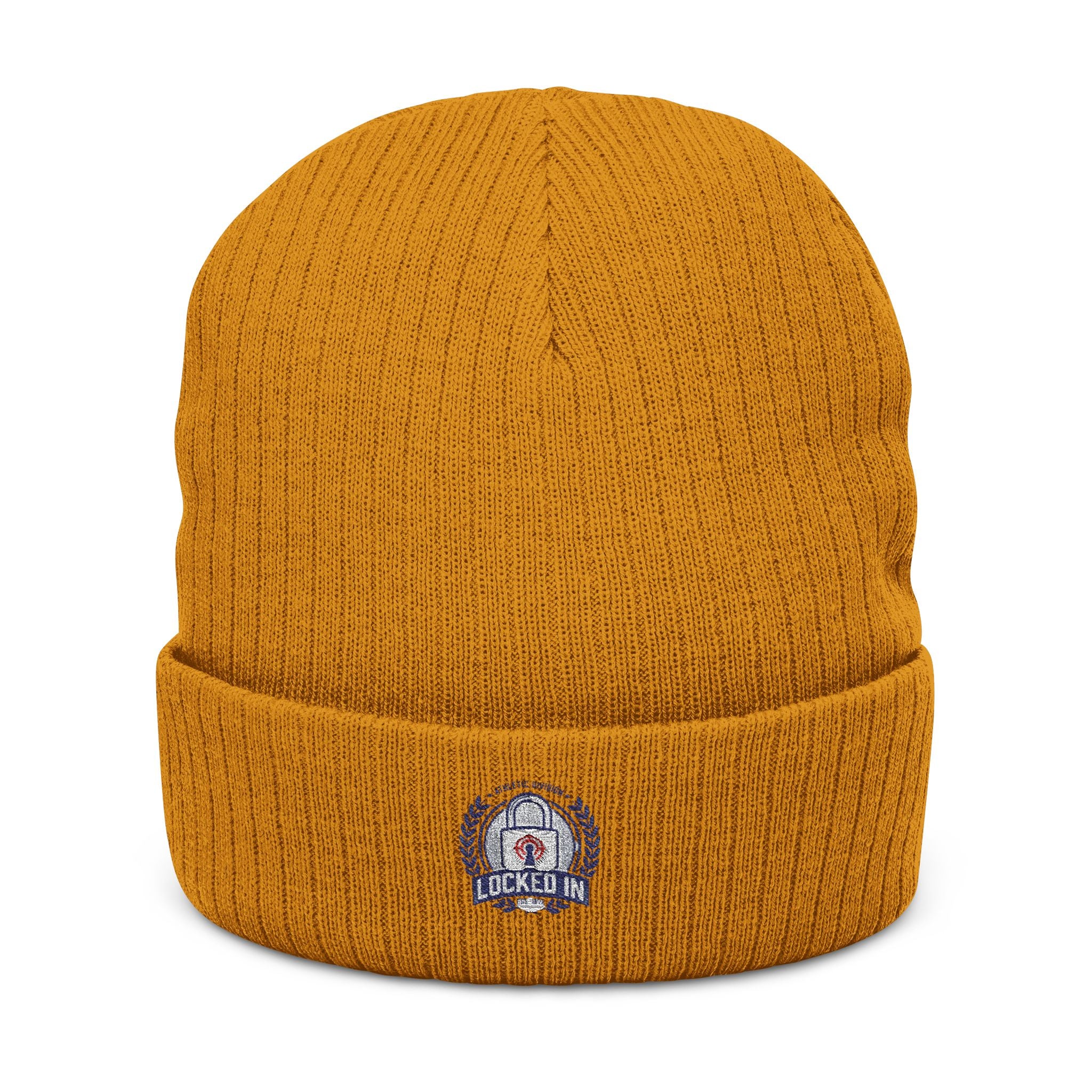 Embroidered Ribbed Beanie with 'Locked In' Logo – Warm Winter Knit Cap