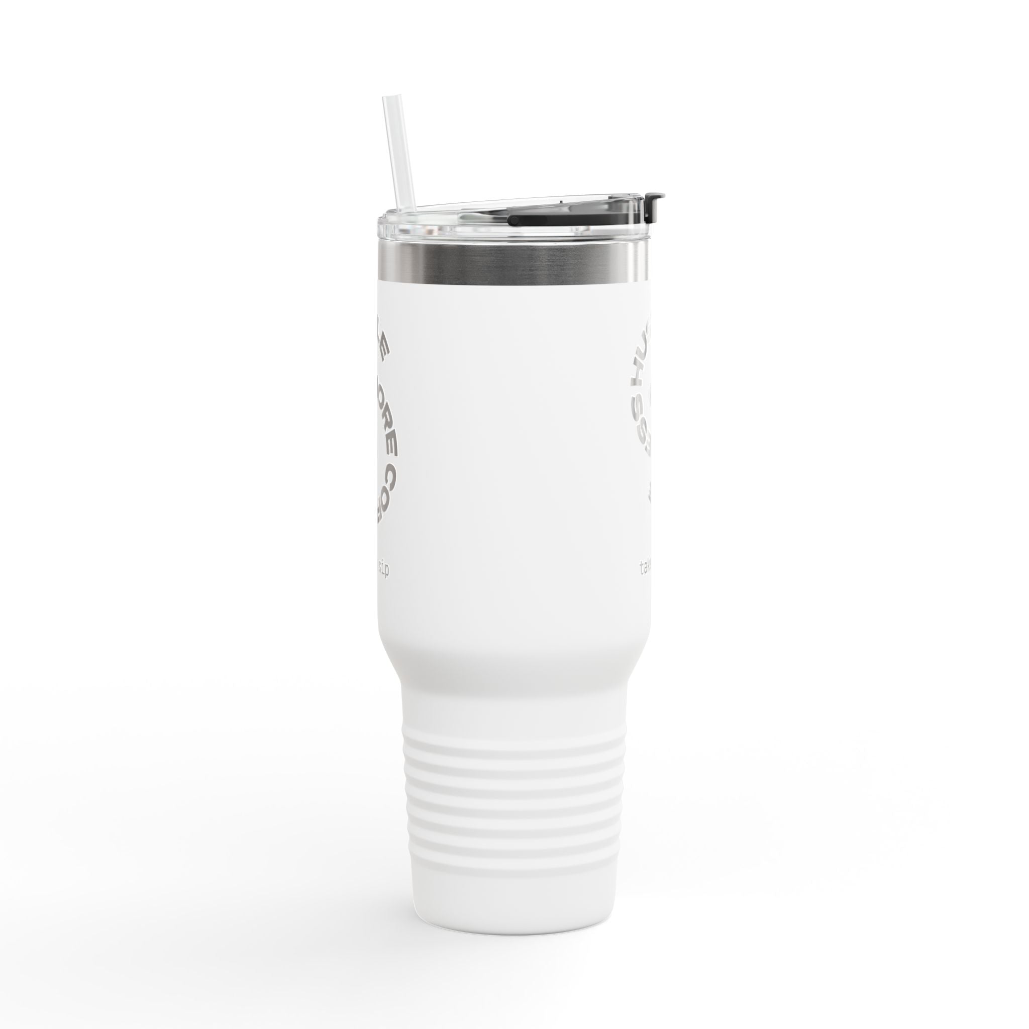 40oz Insulated Travel Mug — "Less Hustle, More Coffee" Stainless Tumbler with Straw