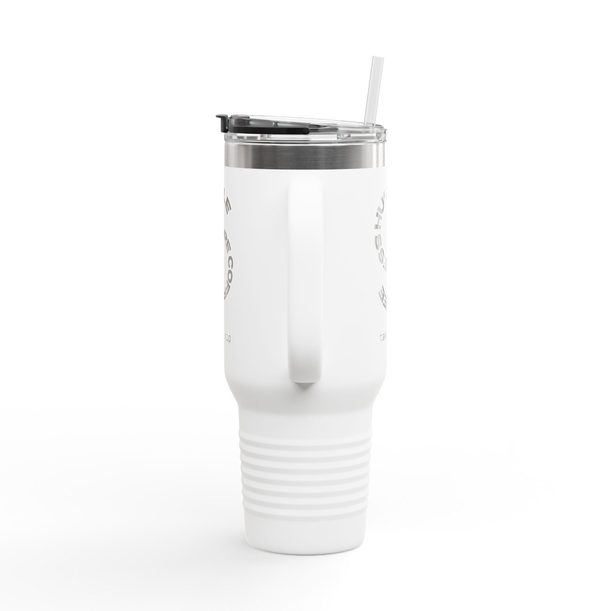 40oz Insulated Travel Mug — "Less Hustle, More Coffee" Stainless Tumbler with Straw