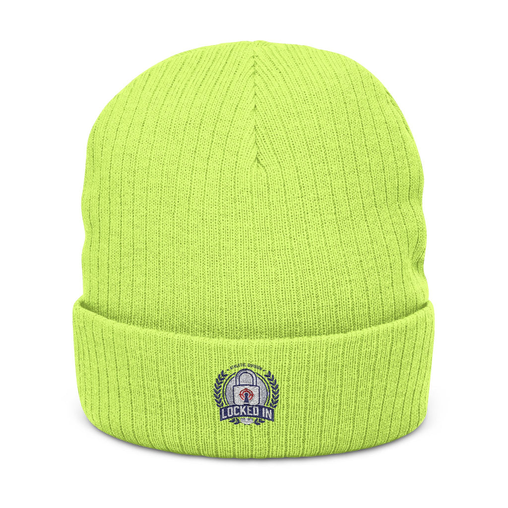 Embroidered Ribbed Beanie with 'Locked In' Logo – Warm Winter Knit Cap