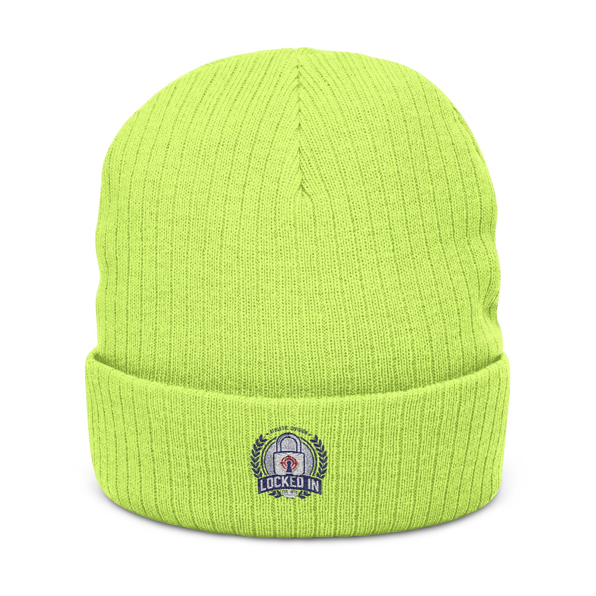 Embroidered Ribbed Beanie with 'Locked In' Logo – Warm Winter Knit Cap