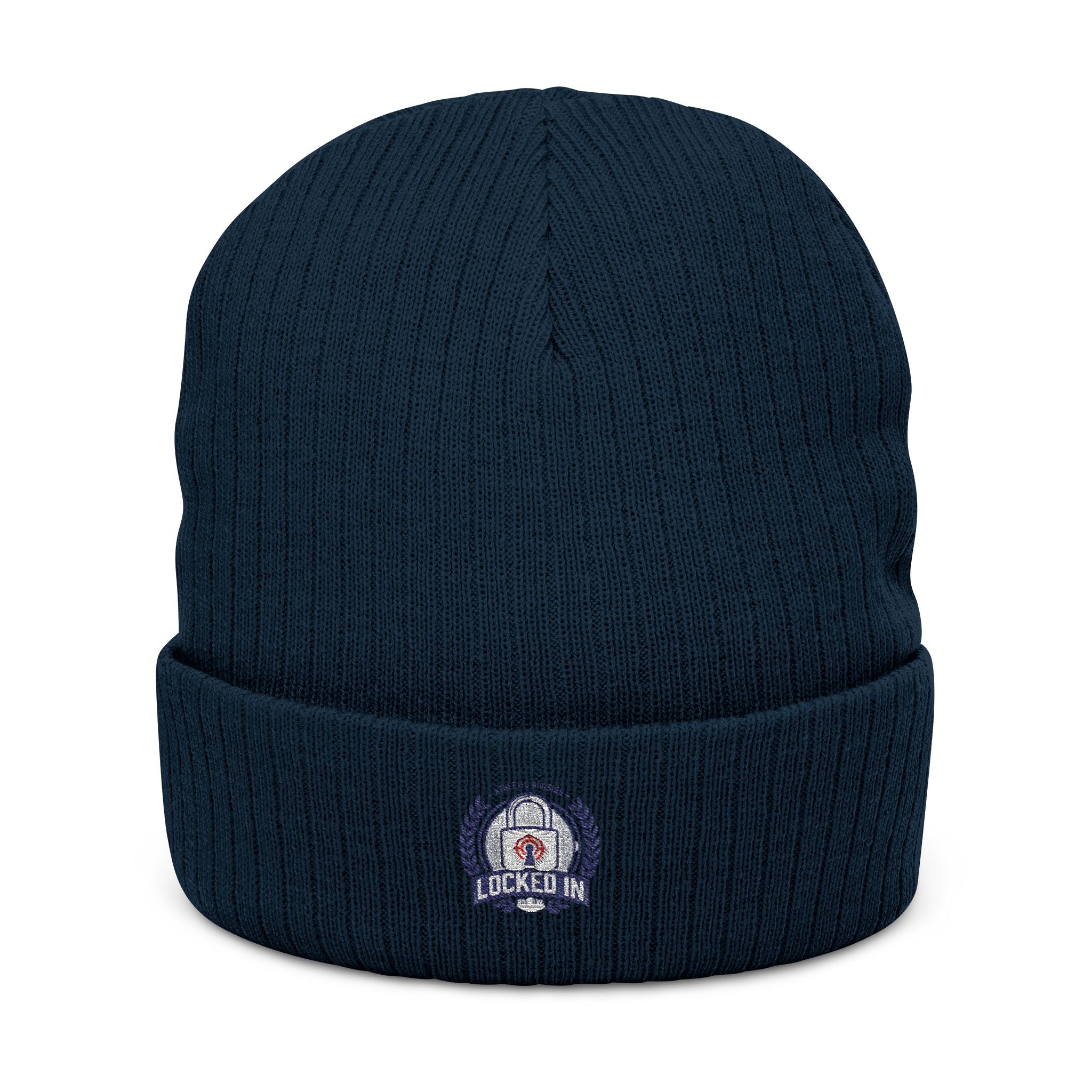 Embroidered Ribbed Beanie with 'Locked In' Logo – Warm Winter Knit Cap