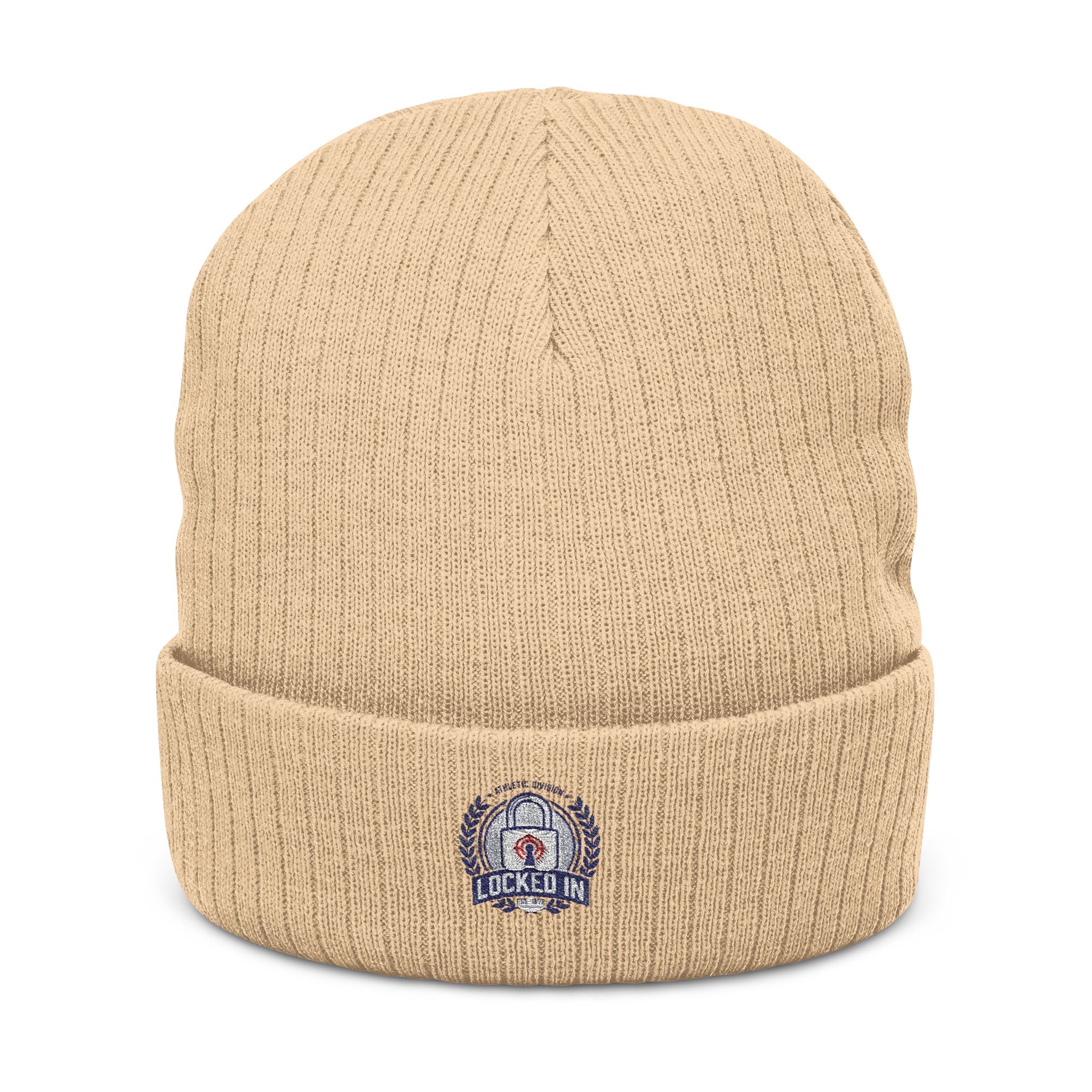 Embroidered Ribbed Beanie with 'Locked In' Logo – Warm Winter Knit Cap