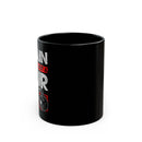 Black mug with text and graphics on a white background